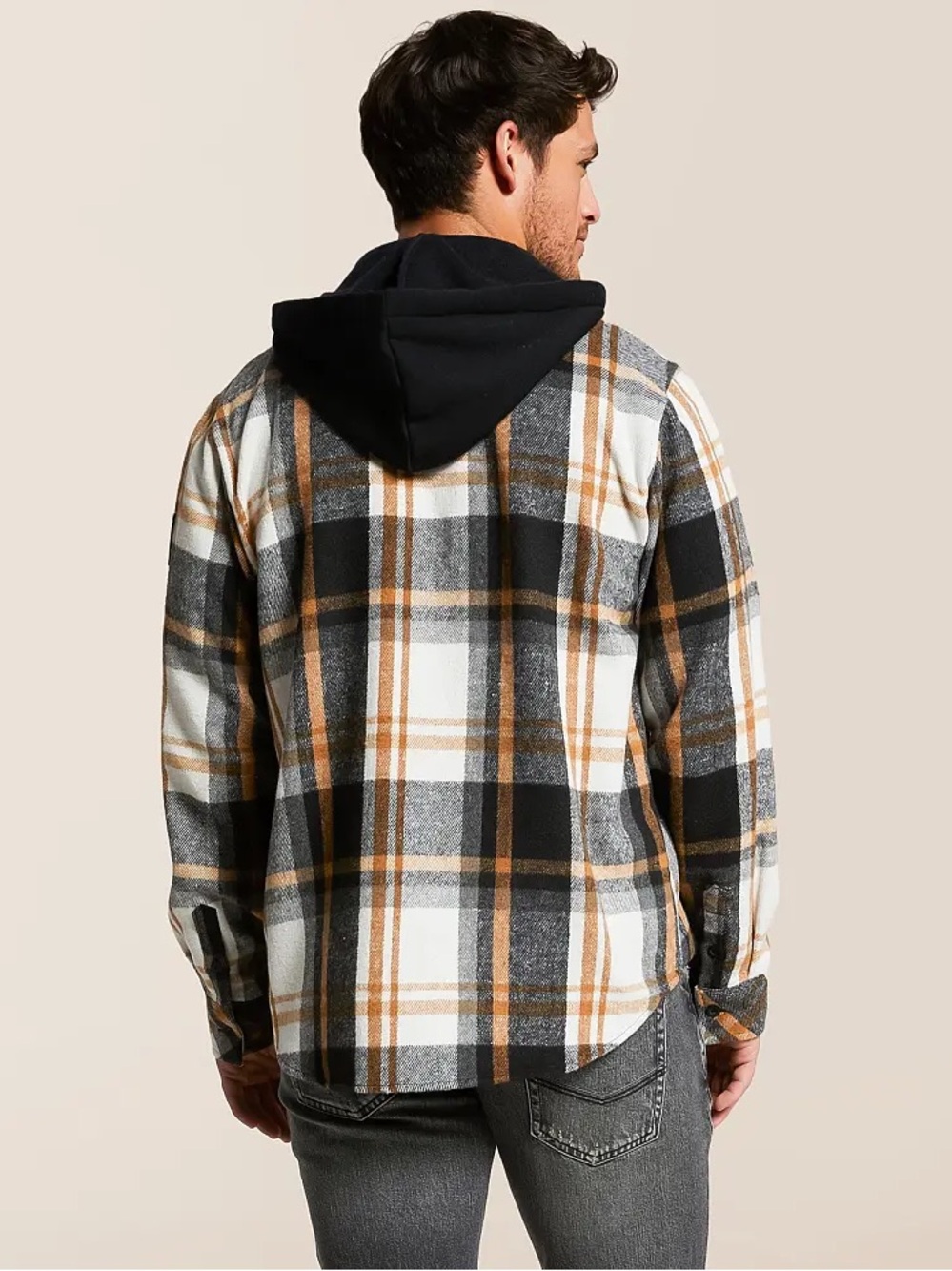 Howitzer Men's Plaid Hooded Flannel Shirt Jacket - Black, White & Tan - Picture 2 of 5